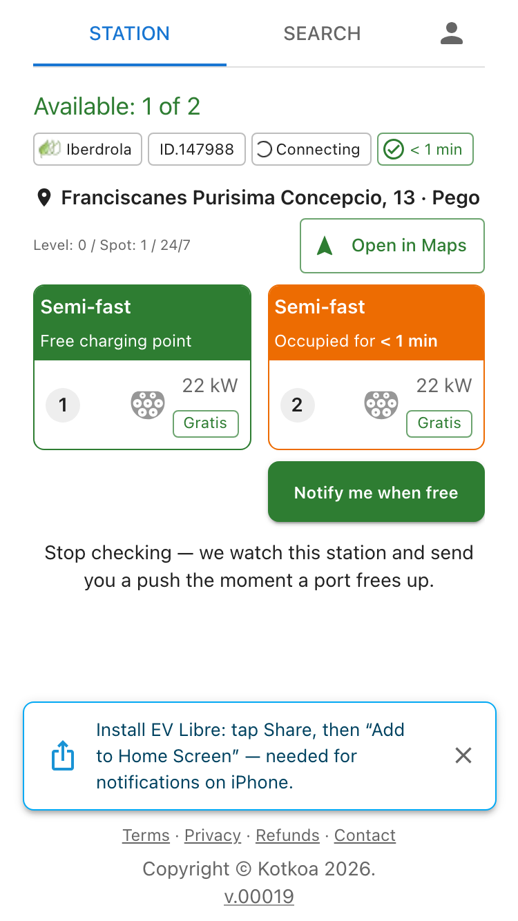 EV Libre app showing a charging station with one port open and one occupied, and a Notify me when free button