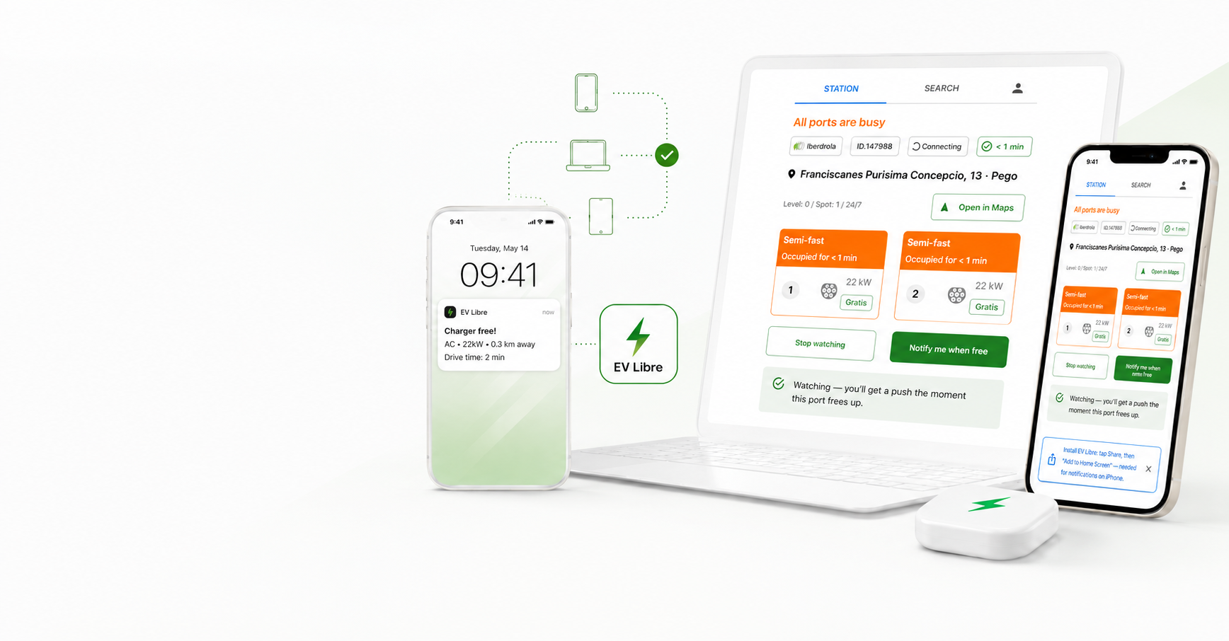 EV Libre on a phone, laptop and as an app — a 'Charger free!' notification with drive time beside the live station screen
